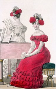 امرأة شابة في فستان سهرة من الكريب مع غطاء رأس متقن ، إعلان في Modes de Paris ، c.1825 بواسطة المدرسة الفرنسية