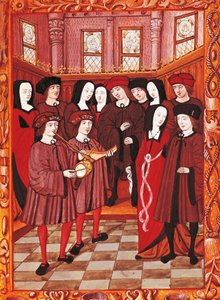 Young couple listening to musicians, image from a French manuscript بواسطة المدرسة الفرنسية