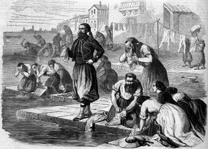 الزواف من الجيش الفرنسي يقومون بغسيل ملابسهم. إيطاليا ، Risorgimento de 1859. نقش في "" Le Monde Illustré "رقم 122 بتاريخ 13 أغسطس 1859. بواسطة المدرسة الفرنسية