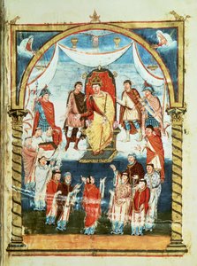 ds Lat 1 fol.423r الملك تشارلز الثاني يتلقى كتابًا مقدسًا من الكونت فيفيان ورهبان سانت مارتن دي تورز ، من الكتاب المقدس الأول لتشارلز الأصلع ، c.843-51 بواسطة المدرسة الفرنسية