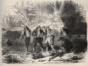 قضية بريد ليون - Affaire du mail de Lyon - تعرض صندوق البريد للهجوم في Seine et Marne من قبل 5 أفراد في 28 أبريل 1796 - نقش في "" الأسباب الشهيرة لجميع الشعوب "بقلم أرماند فوكيه (1817-18؟) 1858 -1867 - مجموعة خاصة بواسطة المدرسة الفرنسية