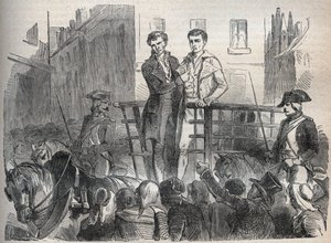 قضية بريد ليون - Affaire du mail de Lyon: ذهب جوزيف ليسورك وكوريول إلى المقصلة في 3 أكتوبر 1796 - نقش في "Causes celebres de tous les people" بقلم Armand Fouquier (1817-18؟) 1858-1867 - مجموعة خاصة بواسطة المدرسة الفرنسية