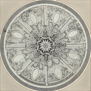 تصميم لسطح طاولة دائري مرصع ، مع بدائل بواسطة القرن الثامن عشر الفرنسي أو الإيطالي
