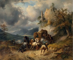 The Robbery par Gauermann ، Friedrich August Matthias (1807-1862). زيت على قماش ، مقاس: 60.5 × 74 بواسطة فريدريش جورمان