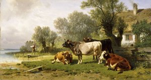 الماشية في مزرعة على طول نهر مع صياد بعدها ، 1881