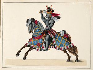 فارس في بطولة ، لوحة من "تاريخ تطور وعادات الفروسية" ، للدكتور فرانز كوتنكامب ، نشره كارل هوفمان ، 1842
