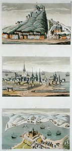 الموانئ الاسكندنافية (من الأعلى إلى الأسفل: كوبنهاغن ، قلعة سيغبورغ ، وحصن سوند) حوالي 1800-15 ، اللوحة 50 من "Le Costume Ancien et Moderne" لجول فيرارو ، نقشها Angelo Biasioli (1790-1830) المنشورة ج. 1820s-30s (لون ليثو) بواسطة فوماغالي (بعد)