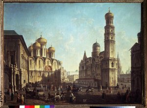 ساحة الكاتدرائية في موسكو الكرملين. لوحة لفيودور ياكوفليفيتش أليكسيف (1753-1824). زيت على قماش ، 81.5 × 112 سم. الكلاسيكية الفنية الروسية. معرض الدولة تريتياكوف ، موسكو.