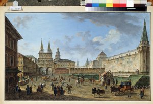 موسكو ، منظر لبوابة القيامة في الميدان الأحمر. لوحة لفيودور ياكوفليفيتش أليكسيف (1753-1824). ألوان مائية وغواش على ورق ، 58.2 × 91.2 سم ، حوالي 1801. الفن الروسي ، الكلاسيكية. متحف