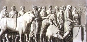 نقش بارز لثور وكبش وخنزير أدى إلى مذبح نذري ، من 'Le Costume Ancien et Moderne' بواسطة Jules Ferrario ، محفور بواسطة Fumagalli ، نُشر في الفترة ما بين 1820 و 30s (لون ليثو) بواسطة (بعد) براماتي