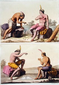 الهنود يلعبون Queciu (أعلى) و Porotos (أسفل) ، تشيلي ، من "Le Costume Ancien et Moderne" ، المجلد الثاني ، اللوحة 29 ، بواسطة Jules Ferrario ، محفور بواسطة Paolo Fumagalli ، تم نشره من 1820s إلى 30s (لون ليثو) بواسطة (بعد) براماتي