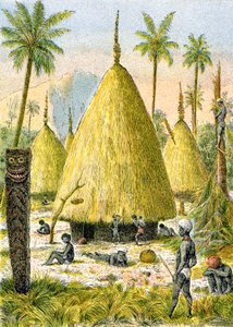 قرية كاناكي في كاليدونيا الجديدة، حوالي 1900-1910 (رسم توضيحي)