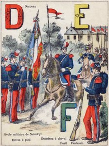 الحروف D E F: العلم ، المدرسة العسكرية في Saint-Cyr (Saint Cyr) ، Eleves مشياً على الأقدام ، سرب الحصان ، Rifle and Fantassin ، حوالي 1900 (طباعة حجرية)