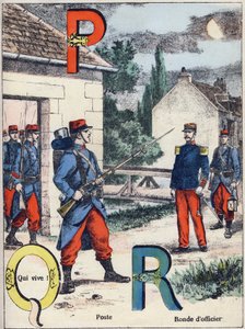 الحروف PQ و R: Post، Qui vive! وجولة الضابط. نقش في "Alphabet Militaire" ، سلسلة Grand-Bebe. نقش. تصوير Pont-a-Mousson. Louis Vagne ، الناشر والطابعة ، حوالي عام 1900. الرسوم التوضيحية بواسطة G. Dascher. 20 صفحة. قاتمة: 31.5 × 24.5 سم