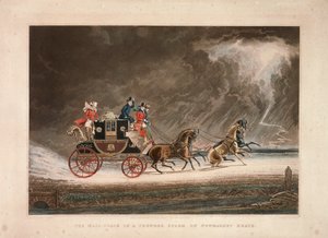 مدرب البريد في عاصفة رعدية في نيوماركت هيث ، سوفولك ، 1827. بواسطة جي ريفز