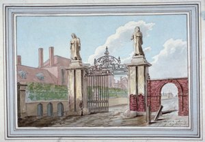 مدخل بيوت هابرداشرز في شارع بيتفيلد ، شورديتش ، لندن ، c1830 بواسطة جي ييتس