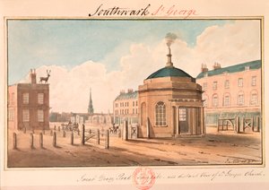 "Great Dover Road Turnpike والمنظر البعيد لكنيسة سانت جورج" ، ساوثوارك ، لندن ، 1825 بواسطة جي ييتس