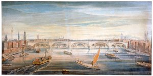 منظر لجسر لندن الجديد من الغرب ، مع القوارب والصنادل على نهر التايمز ، 1831. بواسطة جي ييتس
