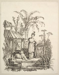 رجل صيني جالس وامرأة تحمل سمكة ، كاليفورنيا. 1742.