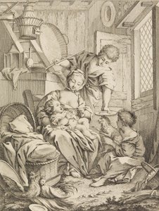 اللوحة 1: شابة تطعم طفلها ، من Premier Livre de Subjects et Pastorales Fi ...، 1720-1772.