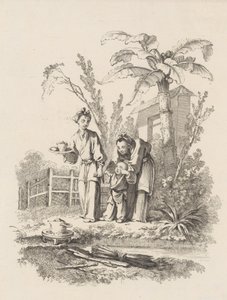 امرأتان تقودان طفلاً نحو إبريق شاي على طاولة بالقرب من بركة ، كاليفورنيا. 1742. بواسطة غابرييل هوكير