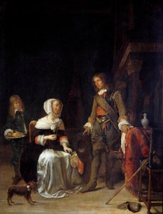 جندي يزور فتاة صغيرة لوحة رسمها غابرييل ميتسو (1629-1667) شمس القرن السابع عشر. 0،63x0،47 م بواسطة غابرييل ميتسو