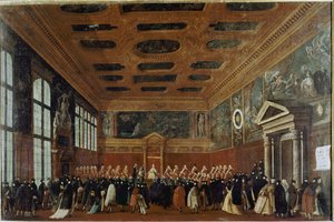 استقبال السفراء في Collegio (البندقية ، استقبال سفير في Collegio) - رسم غابرييل بيلا (حوالي 1730-1799) ، زيت على قماش ، 99x150 سم. البندقية ، مؤسسة Querini Stampalia بواسطة غابرييل بيلا