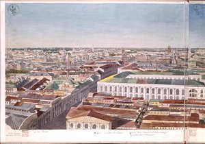 بانوراما موسكو ، تصور ساحة السوق السابقة وبورصة الأوراق المالية في Gostiny Dvor ، 1819 (مرحاض على ورق) (انظر 170139-170146)