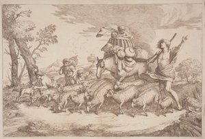 رحلة رعوية مع طفل في سلة على ظهور الخيل بواسطة Gaetano Zompini ، بعد Giovanni Benedetto Castiglione