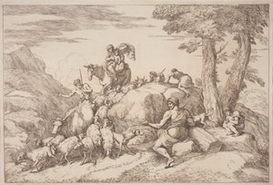 رحلة رعوية مع أم وطفل على Horesback وراعي مسن جالس بواسطة Gaetano Zompini ، بعد Giovanni Benedetto Castiglione