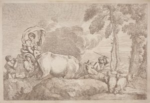 امرأة مع طفلين على ظهور الخيل بواسطة Gaetano Zompini ، بعد Giovanni Benedetto Castiglione
