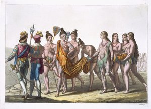 الأرامل الأمريكيات الأصليات يقتربن من رئيسهن للحصول على إذن بالزواج ، اللوحة 57 من "Le Costume Ancien et Moderne" لجويل فيراريو ، نُشرت في 1820s-30s بواسطة جالو غالينا