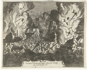معركة Lowestoft ، 1665 معركة بحرية بين الإنجليز والهولنديين المتعاقبين في 13 يونيو 1665 (العنوان على الجسم) بواسطة غاسبار بوتاتس (منسوب إلى)