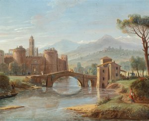 منظر طبيعي للنهر مع جسر يؤدي إلى بلدة محصنة (زيت على نحاس) بواسطة جاسبار فان (1653 1736) ويتل