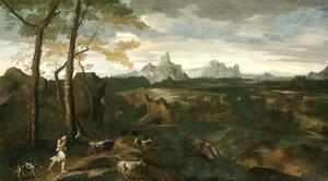 منظر طبيعي مع راعي الماعز والماعز ، ج. 1635. بواسطة غاسبار دوغيت