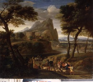 "" منظر طبيعي مع مجموعة من المسافرين "(منظر طبيعي مع قافلة) رسم بواسطة غاسبارد دوغيت (1615-1675) قصر متحف الدولة في الهواء الطلق في القرن السابع عشر غاتشينا ، سانت بطرسبرغ