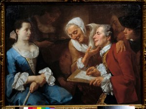 رسام ونموذجه ، وخلفه امرأة عجوز تمد رقبتها لتراقب رسمها. رسم غاسباري ترافيرسي (1732-1769) 1754 صن. 0،99 × 0.73 م