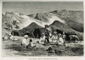 نزلة دليلي. نقش من قبل جي فوييه ، لتوضيح الصحراء الجزائرية ، بقلم في لارجو ، في 1874-1878 ، نُشر في Tour du monde ، تحت إشراف إدوارد شارتون (1807-1890)