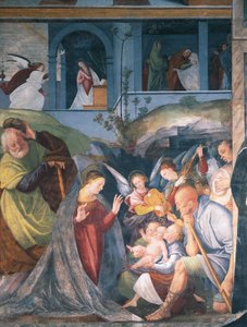 الميلاد ، لوحة جدارية لغاودينزيو فيراري (1475-1546) ، كنيسة القديس كريستوف ، فرشيلي ، إيطاليا