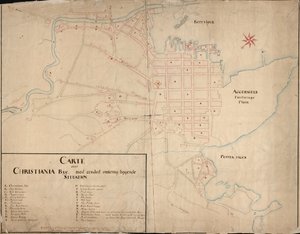 النرويجية بوكمال: خرائط من مجموعة خرائط المكتبة الوطنية. نُشرت الخريطة في Håndtegnet (1649) وتُظهر كريستيانيا بواسطة جيلكيرك