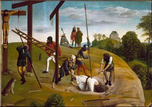 Lamentation on the death of Christ. Detail of the descent of the cross. (Painting