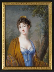 سيدة ترتدي شالاً أزرق مع شال أصفر، حوالي عام 1800 (لوحة مائية على العاج) بواسطة جينوت جينوت