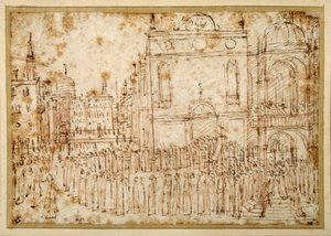 A Venetian procession moving from a scuola to a flanking church (pen & ink over chalk on paper) بواسطة جنتيلي بيليني