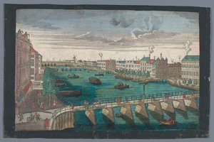 منظر لـ Binnen-Amstel بين Blauwbrug و Hogesluis في أمستردام Die Amstel von innen nach der blauen Brücke gegen der Wasser Schleuße zu Amsterdam (العنوان على الكائن) بواسطة جورج بالتازار بروبست