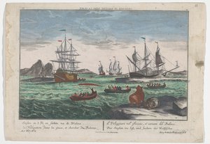 منظر للبحث عن الحيتان Das Seeglen ins Eiß، und Suchen des Wallfisches (العنوان على الكائن) صيد الحيتان قبالة جرينلاند (عنوان المسلسل) بواسطة جورج بالتازار بروبست
