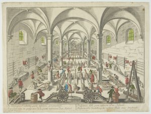 لكل معرض عن بُعد جزء من التسلح السفلي ، التمثيل في منظور من منظور الطرف السفلي ترسانة الأسلحة ، حوالي 1750 (نقش ملون يدويًا) بواسطة جورج بالتازار بروبست