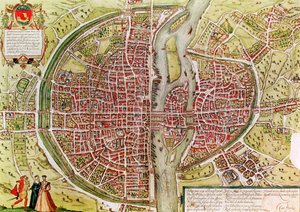 خريطة لباريس من "Civitates orbis terrarrum" لجورج براون (1541-1622) وفرانز هوغنبرغ (1540-92) ، الفرنسية ، 1572-1617