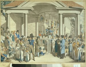 المجتمع الصحي في نافورة كارلسبادر ، 1810 (رسم مائي) بواسطة جورج إيمانويل أوبيتز