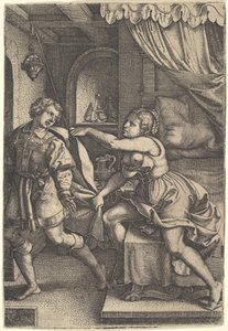 يبتعد جوزيف بعيدًا عن زوجة بوتيفارز ، التي تلبس عباءته بكلتا يديه بينما كانت ... ، 1546. بواسطة جورج بينز