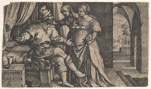 قدمت سارة هاجر لإبراهيم ، الذي يجلس عند سفح سرير ، من سلسلة The ...، ca. 1543. بواسطة جورج بينز